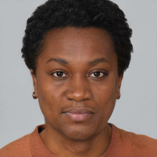 Neutral black young-adult female with short  black hair and brown eyes