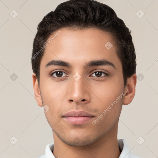 Neutral white young-adult male with short  brown hair and brown eyes