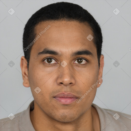 Neutral latino young-adult male with short  brown hair and brown eyes