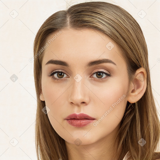 Neutral white young-adult female with long  brown hair and brown eyes