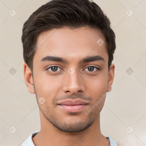 Neutral white young-adult male with short  brown hair and brown eyes