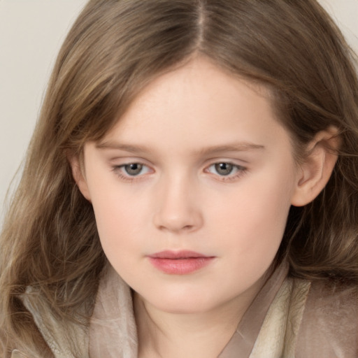 Neutral white child female with long  brown hair and brown eyes