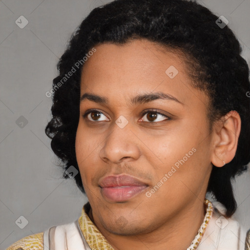 Joyful latino young-adult female with short  black hair and brown eyes