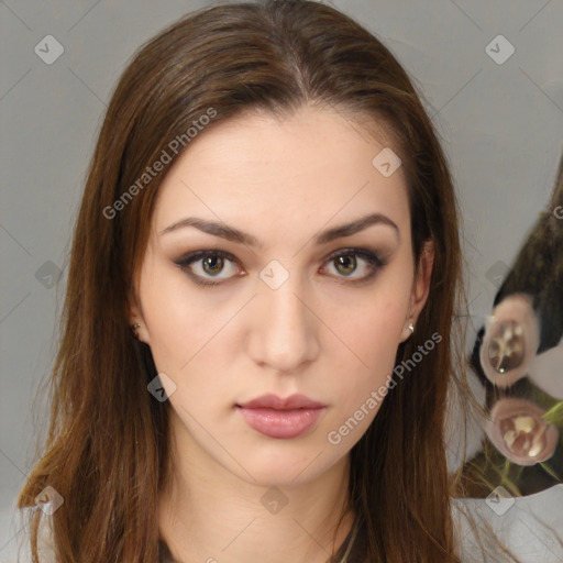 Neutral white young-adult female with long  brown hair and brown eyes