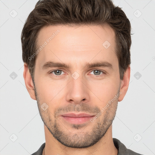 Neutral white young-adult male with short  brown hair and brown eyes