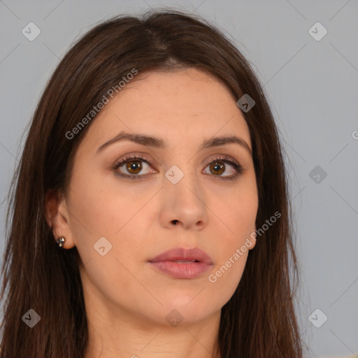 Neutral white young-adult female with long  brown hair and brown eyes