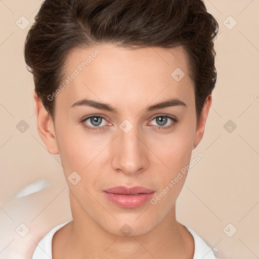 Neutral white young-adult female with short  brown hair and brown eyes