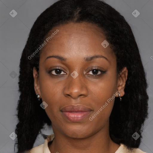 Joyful black young-adult female with medium  black hair and brown eyes