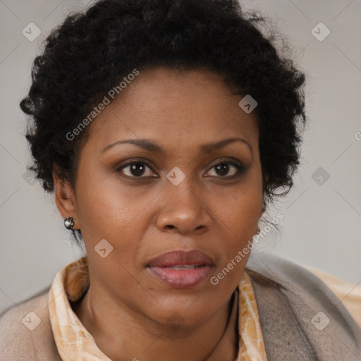 Joyful black adult female with short  brown hair and brown eyes