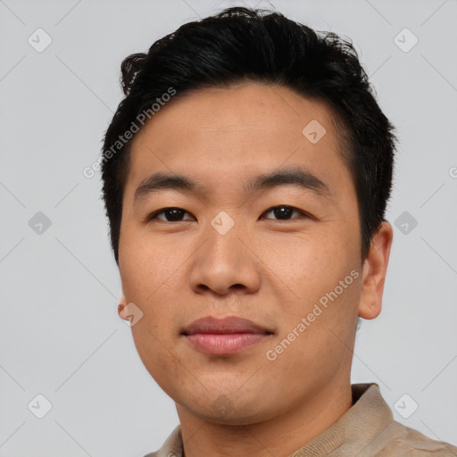 Neutral asian young-adult male with short  black hair and brown eyes