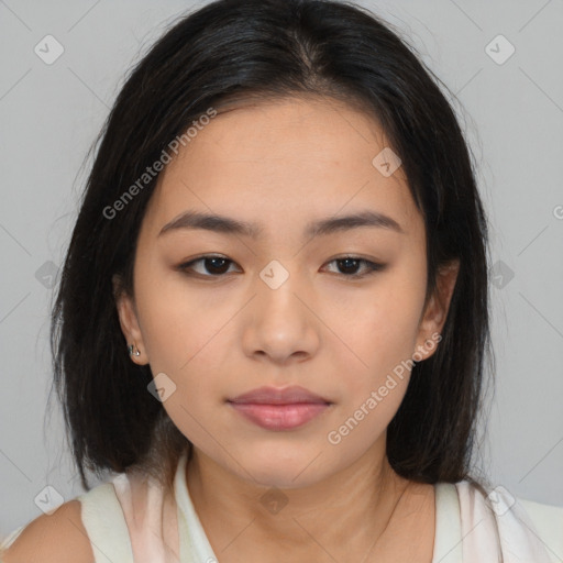 Neutral asian young-adult female with medium  brown hair and brown eyes