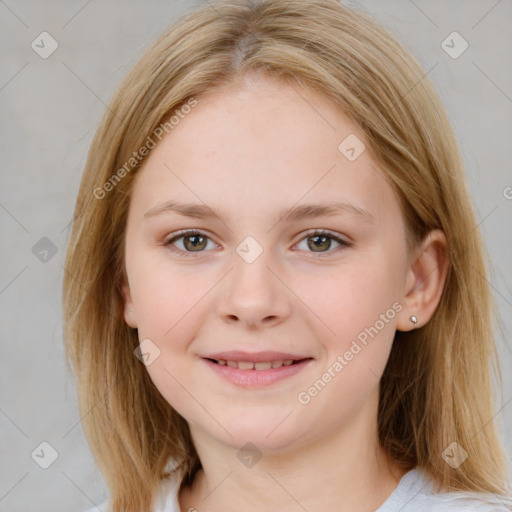 Joyful white child female with medium  brown hair and brown eyes