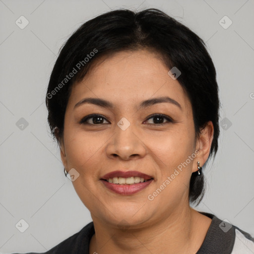 Joyful asian young-adult female with medium  black hair and brown eyes