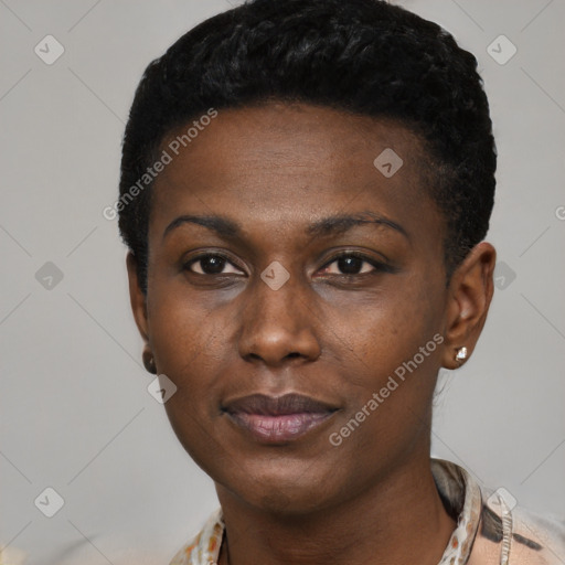 Neutral black young-adult female with short  black hair and brown eyes