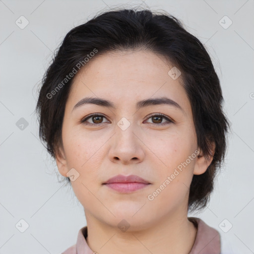 Neutral asian young-adult female with medium  brown hair and brown eyes