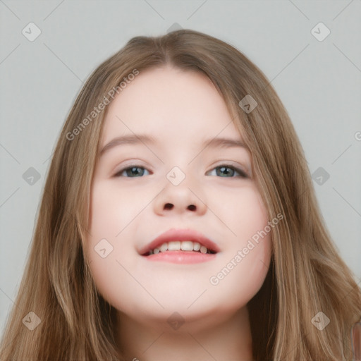 Joyful white child female with long  brown hair and grey eyes