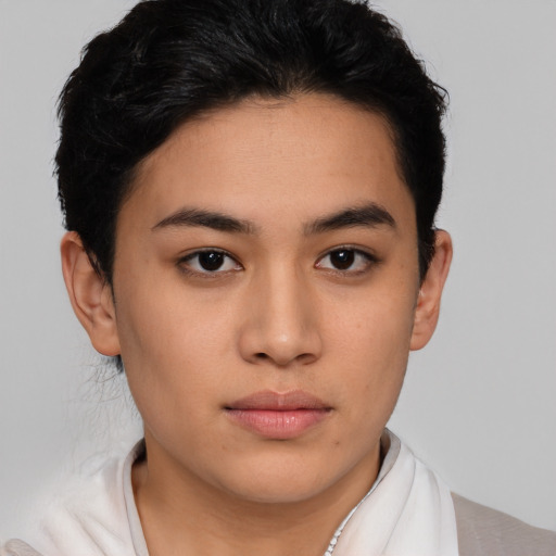 Neutral asian young-adult female with short  brown hair and brown eyes
