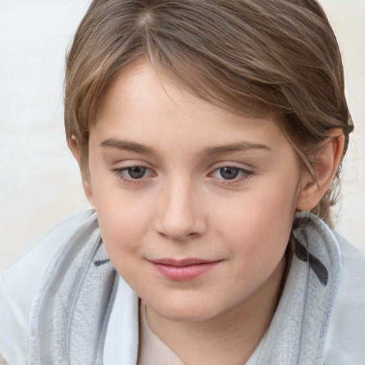 Joyful white child female with medium  brown hair and brown eyes