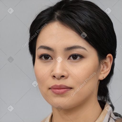 Neutral asian young-adult female with medium  black hair and brown eyes