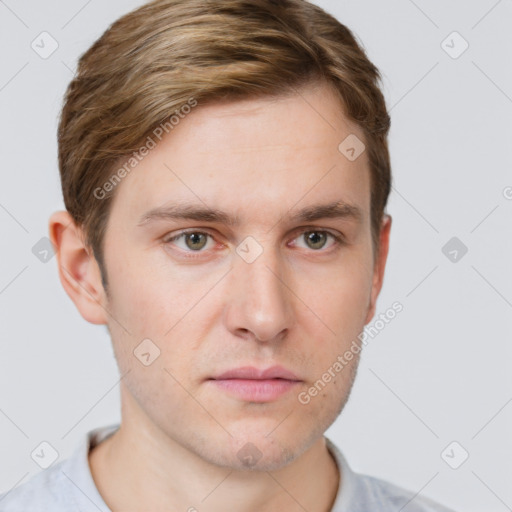 Neutral white young-adult male with short  brown hair and grey eyes