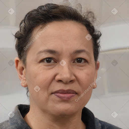 Joyful white adult female with short  brown hair and brown eyes