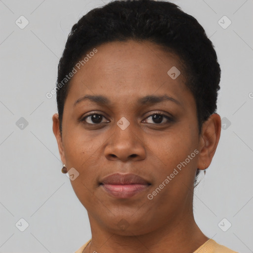 Neutral black young-adult female with short  black hair and brown eyes