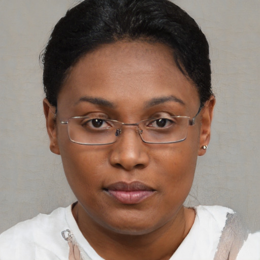 Neutral black young-adult female with short  brown hair and brown eyes