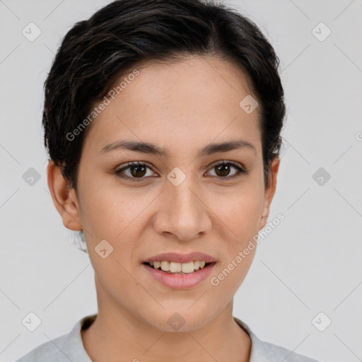 Joyful white young-adult female with short  brown hair and brown eyes