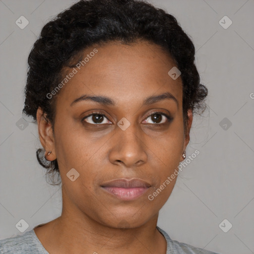 Neutral black young-adult female with short  brown hair and brown eyes