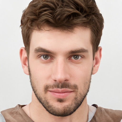 Neutral white young-adult male with short  brown hair and grey eyes