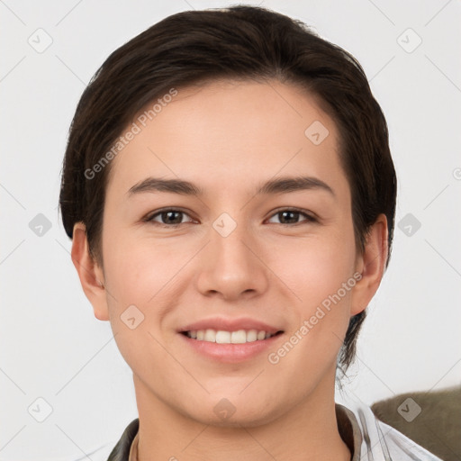 Joyful white young-adult female with short  brown hair and brown eyes