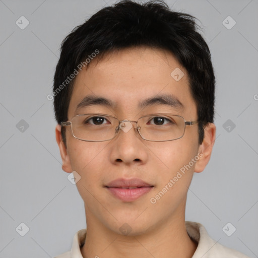 Neutral asian young-adult male with short  brown hair and brown eyes