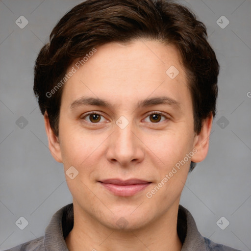 Joyful white young-adult male with short  brown hair and brown eyes