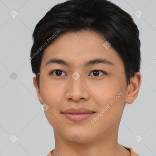 Joyful asian young-adult female with short  brown hair and brown eyes