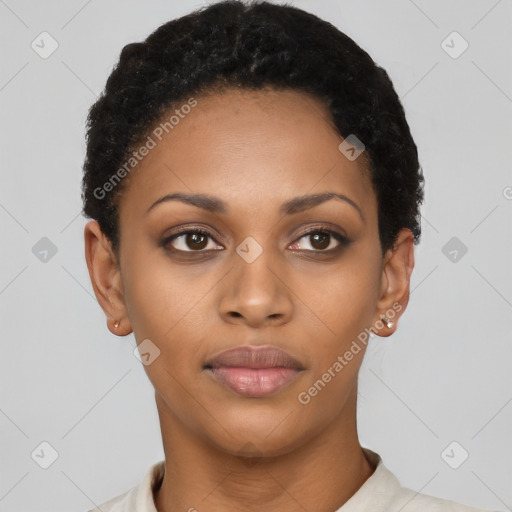 Neutral black young-adult female with short  black hair and brown eyes