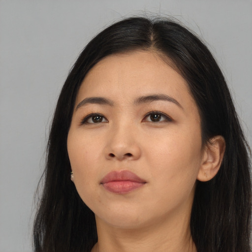 Neutral asian young-adult female with long  black hair and brown eyes