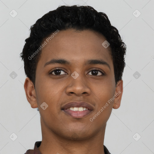 Joyful black young-adult male with short  brown hair and brown eyes