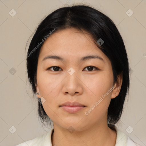 Neutral asian young-adult female with medium  black hair and brown eyes