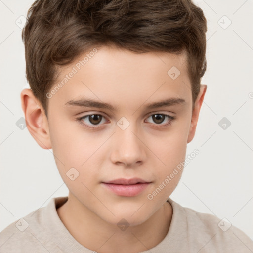 Joyful white child male with short  brown hair and brown eyes