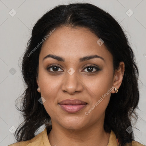 Joyful latino young-adult female with long  brown hair and brown eyes