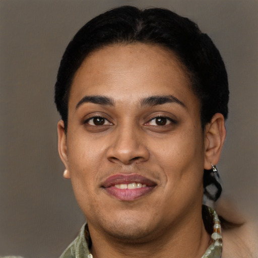 Joyful latino young-adult female with short  black hair and brown eyes