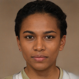 Neutral black young-adult female with short  black hair and brown eyes