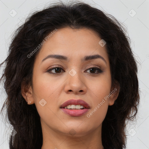 Joyful asian young-adult female with long  brown hair and brown eyes