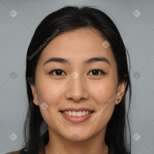 Joyful white young-adult female with long  brown hair and brown eyes