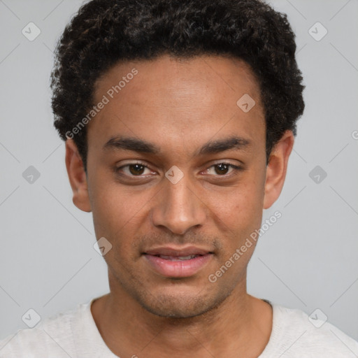 Neutral white young-adult male with short  black hair and brown eyes