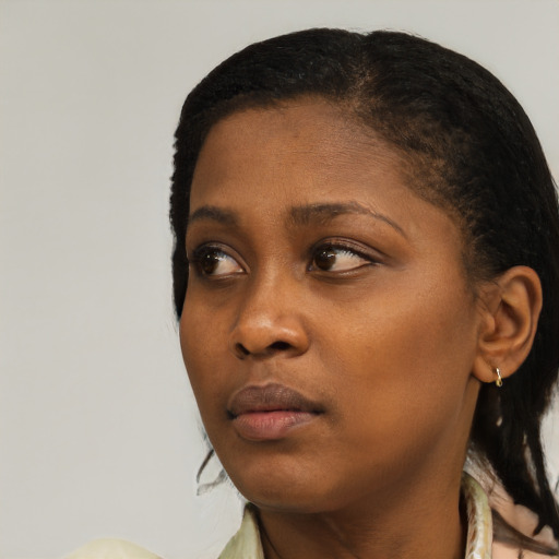 Neutral black young-adult female with short  black hair and brown eyes
