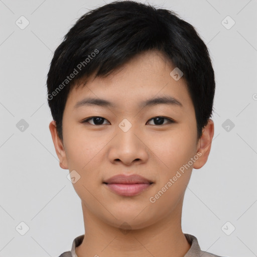 Neutral asian young-adult female with short  black hair and brown eyes