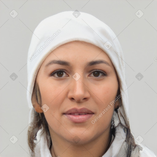 Joyful white young-adult female with medium  black hair and brown eyes