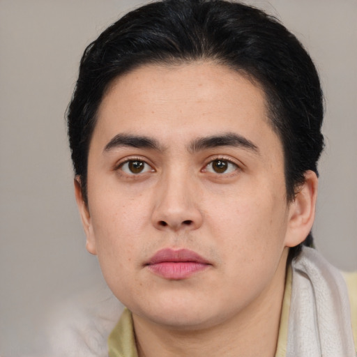 Neutral white young-adult male with short  black hair and brown eyes