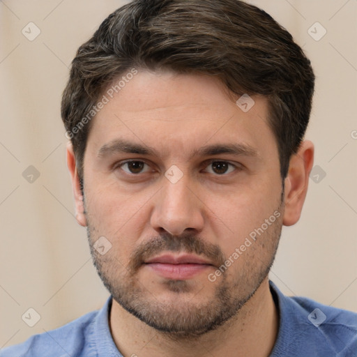 Neutral white young-adult male with short  brown hair and brown eyes